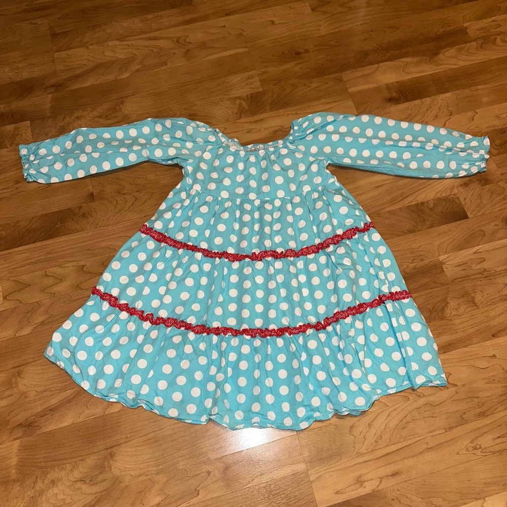 Beehave Girls Dress Polka Dot Tiered Ruffle Trim Long Sleeve‎ Blue Size 10